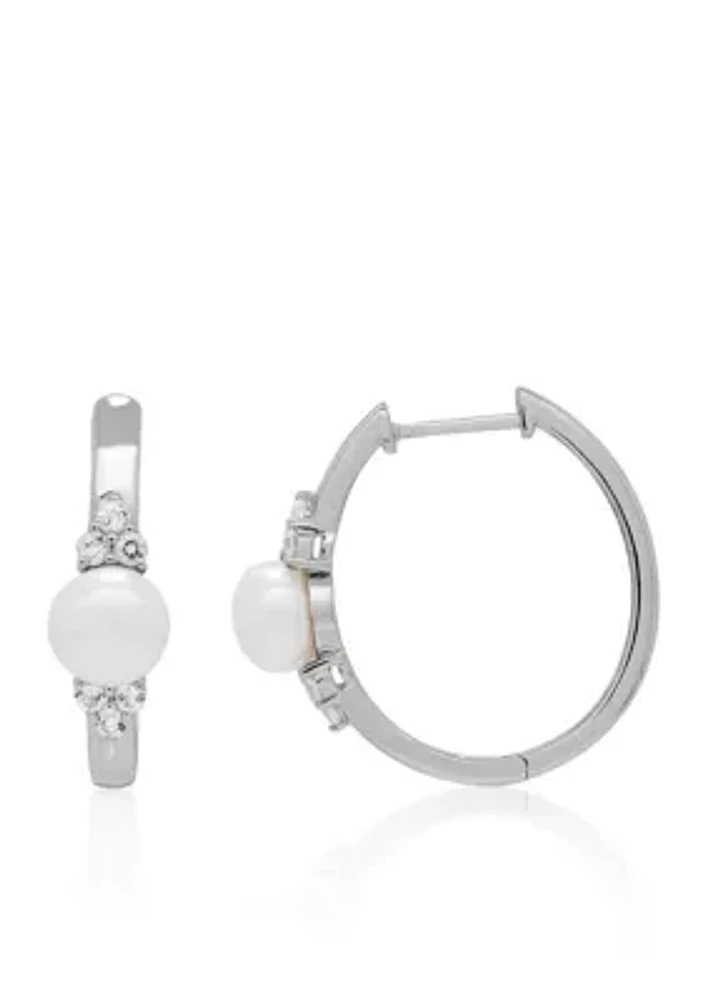 Freshwater Pearl and White Topaz Hoop Earrings in Sterling Silver