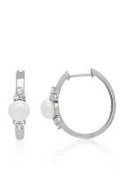 Freshwater Pearl and White Topaz Hoop Earrings in Sterling Silver