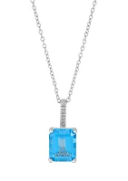 Octagon Swiss Blue Topaz and Diamond Accent Pendant with 18" Cable Chain in Sterling Silver