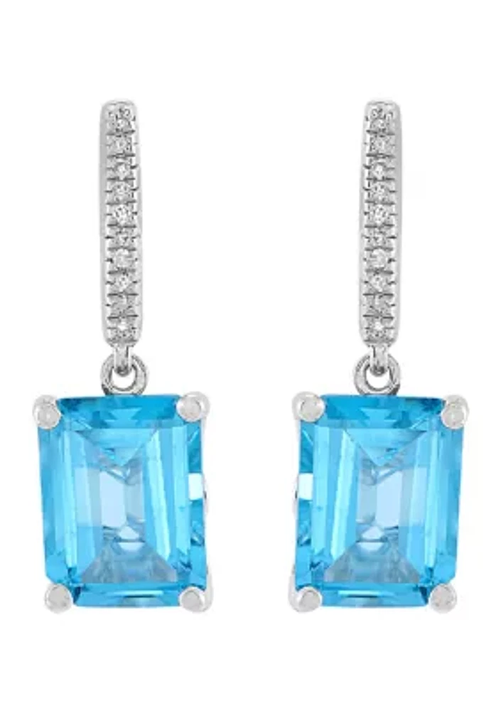 Emerald Cut Swiss Blue Topaz and 1/20 ct. t.w. Diamond Earrings in Sterling Silver