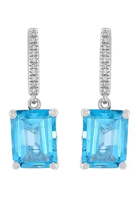 Emerald Cut Swiss Blue Topaz and 1/20 ct. t.w. Diamond Earrings in Sterling Silver