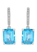 Emerald Cut Swiss Blue Topaz and 1/20 ct. t.w. Diamond Earrings in Sterling Silver