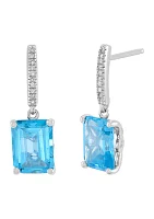 Emerald Cut Swiss Blue Topaz and 1/20 ct. t.w. Diamond Earrings in Sterling Silver