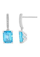 Emerald Cut Swiss Blue Topaz and 1/20 ct. t.w. Diamond Earrings in Sterling Silver