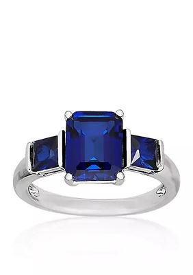 Created Sapphire Three Stone Ring in Sterling Silver