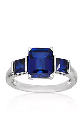 Created Sapphire Three Stone Ring in Sterling Silver