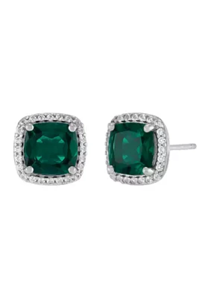 Lab Grown Emerald and Lab Grown White Sapphire Stud Earrings in Sterling Silver