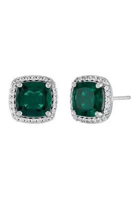 Lab Grown Emerald and Lab Grown White Sapphire Stud Earrings in Sterling Silver