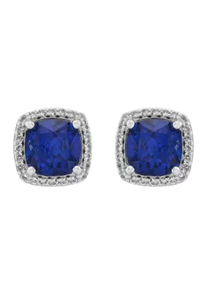 Lab Grown Cushion Sapphire and White Sapphire Stud Earrings in Sterling Silver