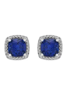 Lab Grown Cushion Sapphire and White Sapphire Stud Earrings in Sterling Silver