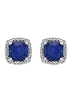 Lab Grown Cushion Sapphire and White Sapphire Stud Earrings in Sterling Silver