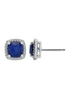 Lab Grown Cushion Sapphire and White Sapphire Stud Earrings in Sterling Silver