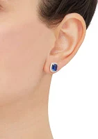 Lab Grown Cushion Sapphire and White Sapphire Stud Earrings in Sterling Silver