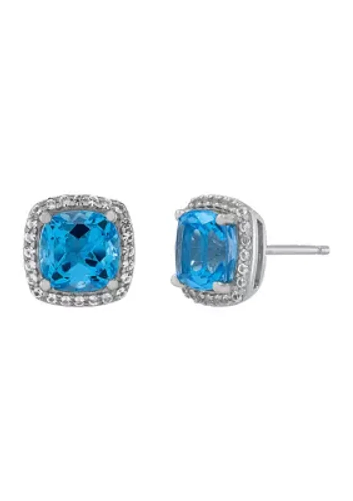 Cushion Swiss Blue Topaz and Lab Grown White Sapphire Stud Earrings in Sterling Silver