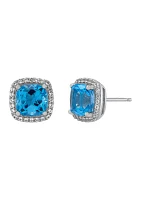 Cushion Swiss Blue Topaz and Lab Grown White Sapphire Stud Earrings in Sterling Silver