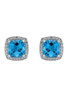 Cushion Swiss Blue Topaz and Lab Grown White Sapphire Stud Earrings in Sterling Silver