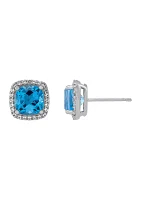 Cushion Swiss Blue Topaz and Lab Grown White Sapphire Stud Earrings in Sterling Silver