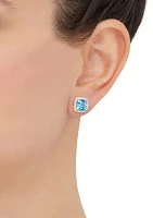 Cushion Swiss Blue Topaz and Lab Grown White Sapphire Stud Earrings in Sterling Silver