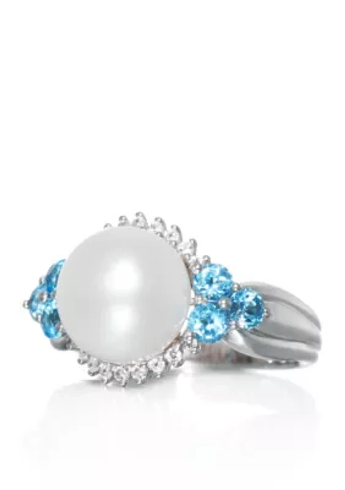 Freshwater Pearl, Blue Topaz & White Topaz Ring in Sterling Silver