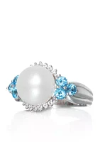 Freshwater Pearl, Blue Topaz & White Topaz Ring in Sterling Silver