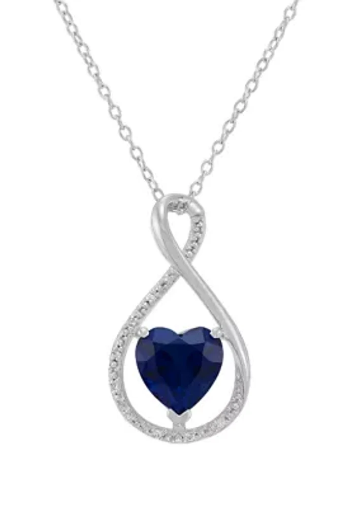 Lab Grown Heart Shape Sapphire and Diamond Accent Pendant with 18" Cable Chain in Sterling Silver