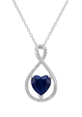 Lab Grown Heart Shape Sapphire and Diamond Accent Pendant with 18" Cable Chain in Sterling Silver