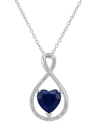 Lab Grown Heart Shape Sapphire and Diamond Accent Pendant with 18" Cable Chain in Sterling Silver