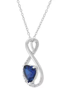 Lab Grown Heart Shape Sapphire and Diamond Accent Pendant with 18" Cable Chain in Sterling Silver