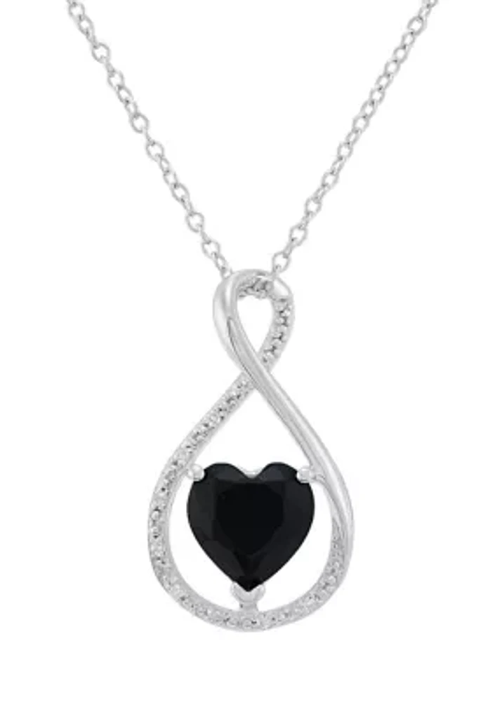 Heart Shape Onyx and Diamond Accent Pendant Necklace with 18" Cable Chain in Sterling Silver