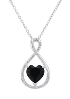 Heart Shape Onyx and Diamond Accent Pendant Necklace with 18" Cable Chain in Sterling Silver