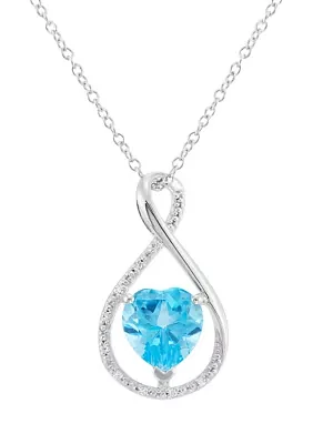 Heart Shape Swiss Blue Topaz and Diamond Accent Pendant Necklace with 18" Cable Chain in Sterling Silver