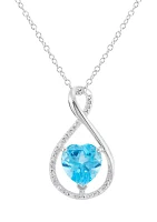 Heart Shape Swiss Blue Topaz and Diamond Accent Pendant Necklace with 18" Cable Chain in Sterling Silver