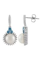 Freshwater Pearl and Blue Topaz Drop Earrings in Sterling Silver