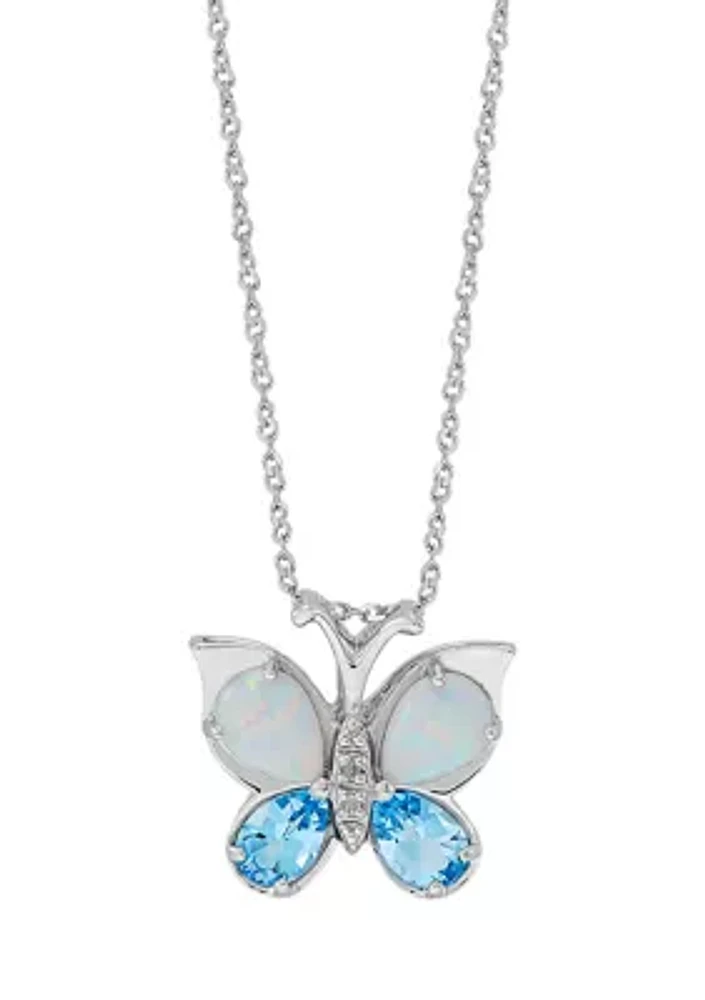 Blue Topaz & Created Opal Butterfly Pendant in Sterling Silver