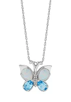 Blue Topaz & Created Opal Butterfly Pendant in Sterling Silver