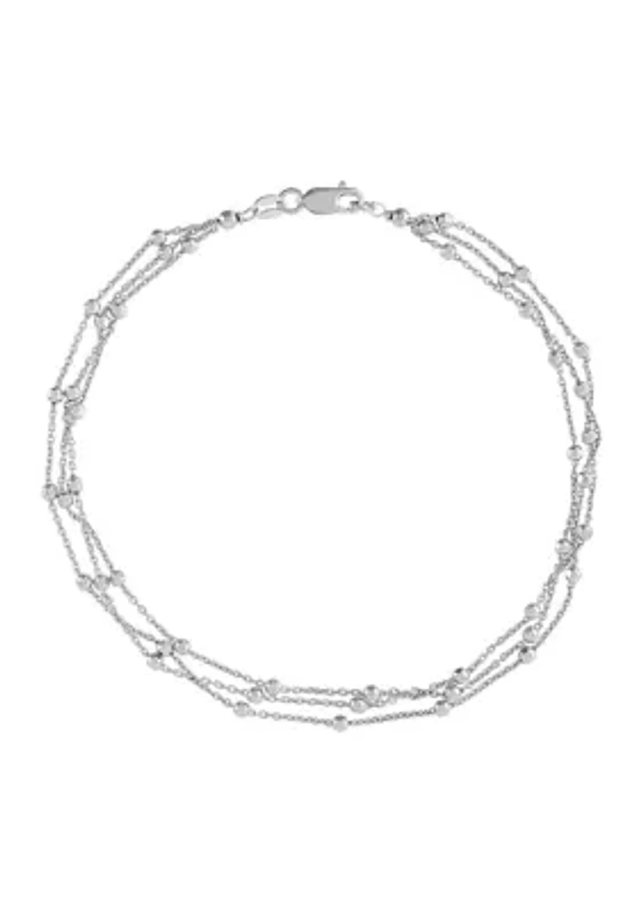 3 Row Bead Station Chain Anklet in Sterling Silver