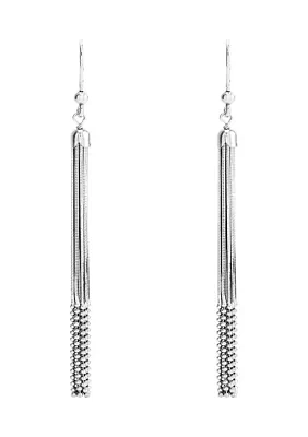 Multi Row Snake Chain and Bead Drop Tassel Earrings in Sterling Silver