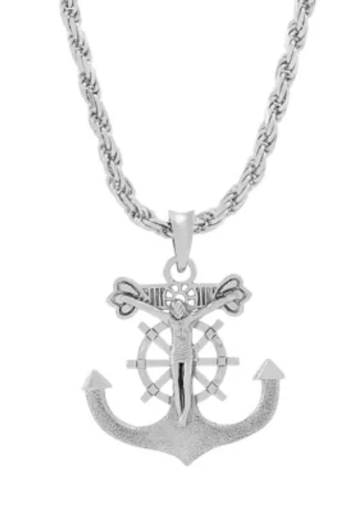 Large Gents Anchor with Jesus Pendant with 22" Rope Chain in Sterling Silver