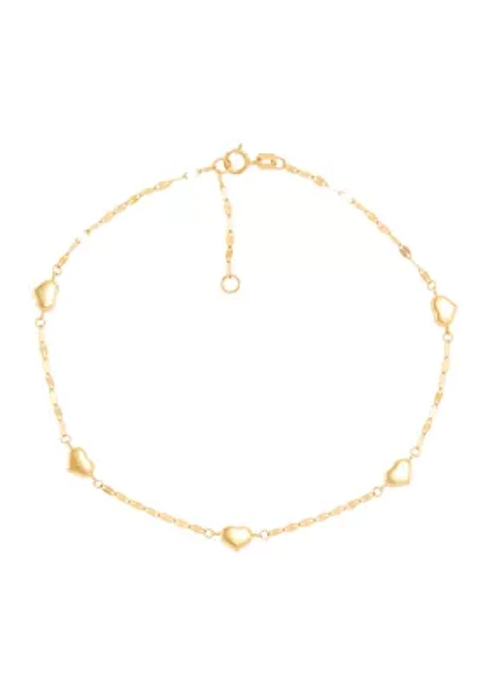 Heart Station On Mirror Chain Anklet in 10K Yellow Gold