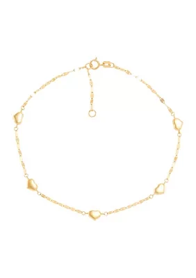 Heart Station On Mirror Chain Anklet in 10K Yellow Gold