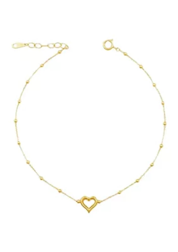 Heart Pendant Solid Beaded Cable Chain Anklet in 10K Yellow Gold