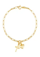 Cross and Heart Paperclip Bracelet in 10K Yellow Gold