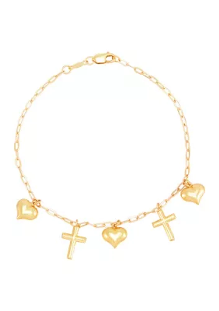 Dangle Heart and Cross Bracelet in 10K Yellow Gold