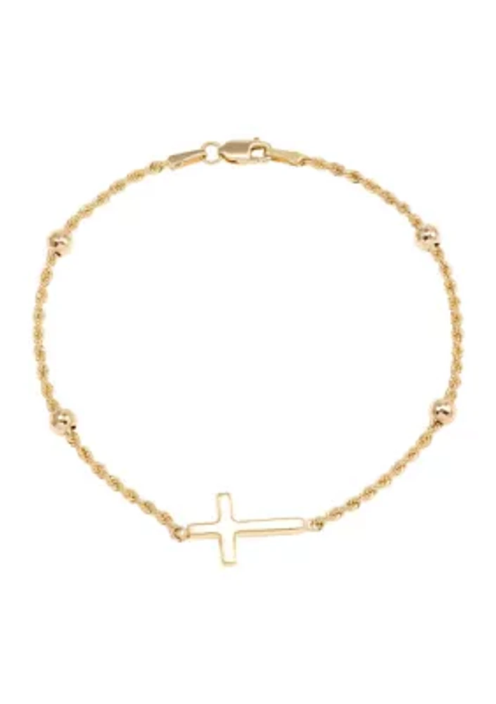 Beads Station Rope Chain with Center Cross Bracelet in 10K Yellow Gold