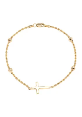 Beads Station Rope Chain with Center Cross Bracelet in 10K Yellow Gold