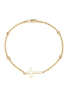 Beads Station Rope Chain with Center Cross Bracelet in 10K Yellow Gold