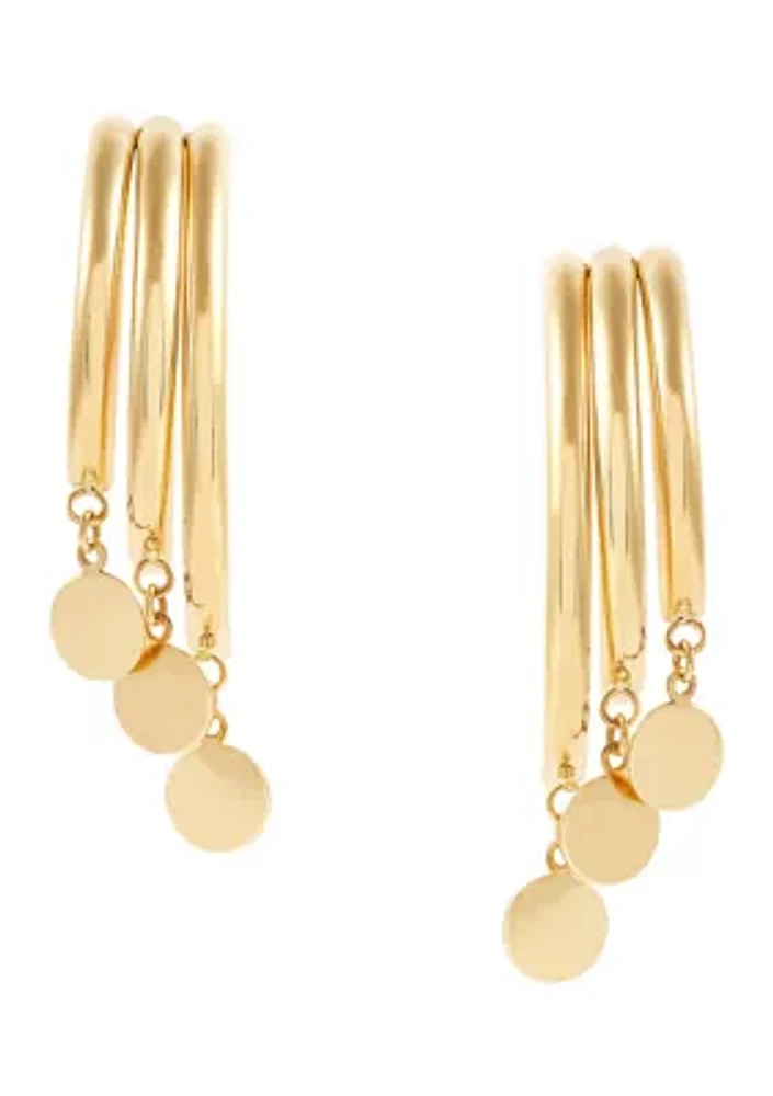 3 Row Grad J Hoop with Disc Drop Earrings in 10K Yellow Gold