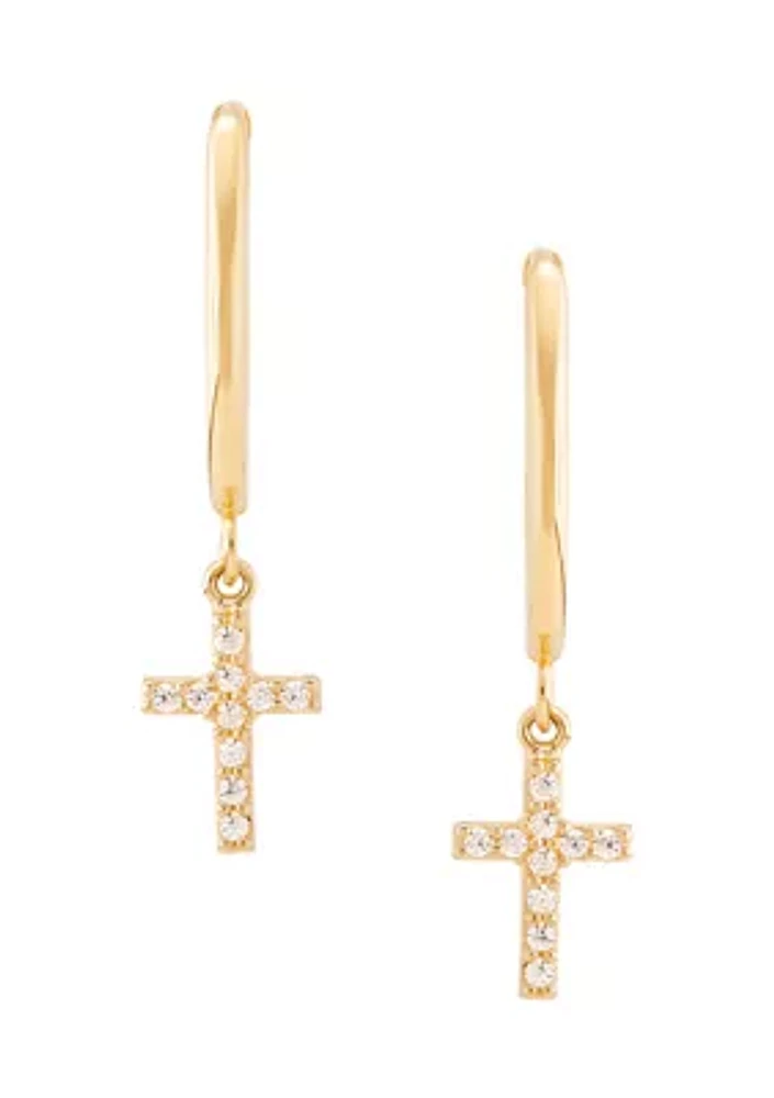 Oval Huggies with Cross Drop Earrings in 10K Yellow Gold