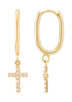 Oval Huggies with Cross Drop Earrings in 10K Yellow Gold