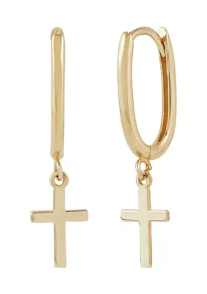 Huggie Earrings with Dangle Cross in 10K Yellow Gold